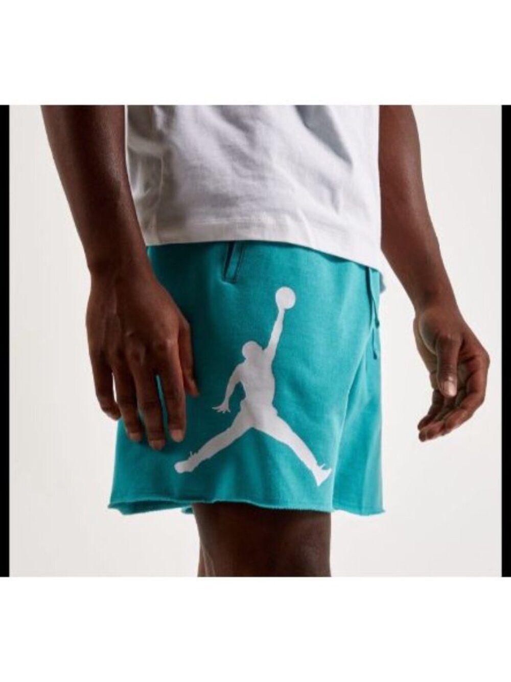 Mens Fleece Shorts Jordan Essentials Sz M Washed Teal Jumpman Logo Raw Hem Terry